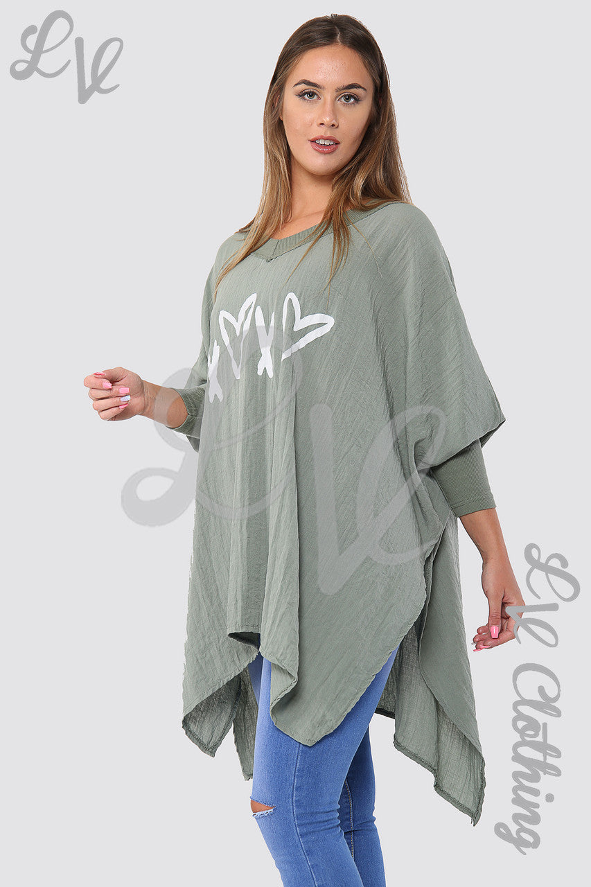 Ladies Love Heart & Cross Graphic Batwing Top Khaki - Unit Price £15.99