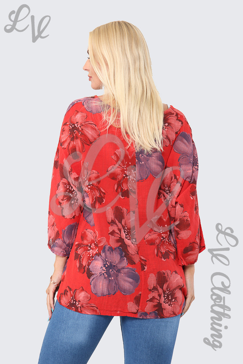 Ladies Flower Print Top With Necklace Red - Unit Price £9.99