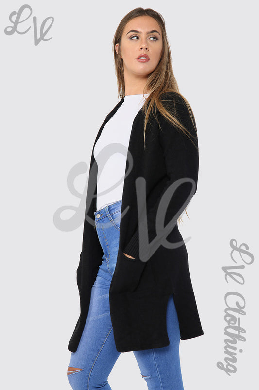 Black knitted longline cardigan, open front, long sleeves