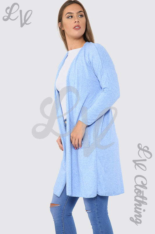 Light blue fine-knit cardigan with open front, long sleeves, knee-length