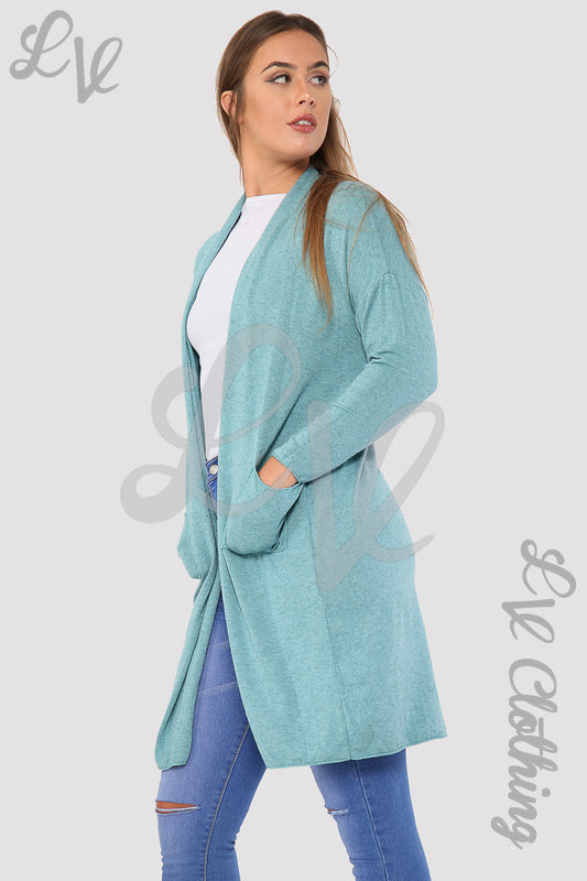 Turquoise fine knit cardigan with open front and long sleeves, side pockets