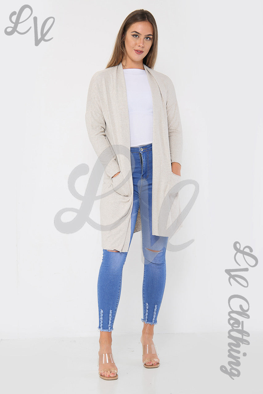 Ladies Plain Fine Knit Cardigan Stone - Unit Price £13.99