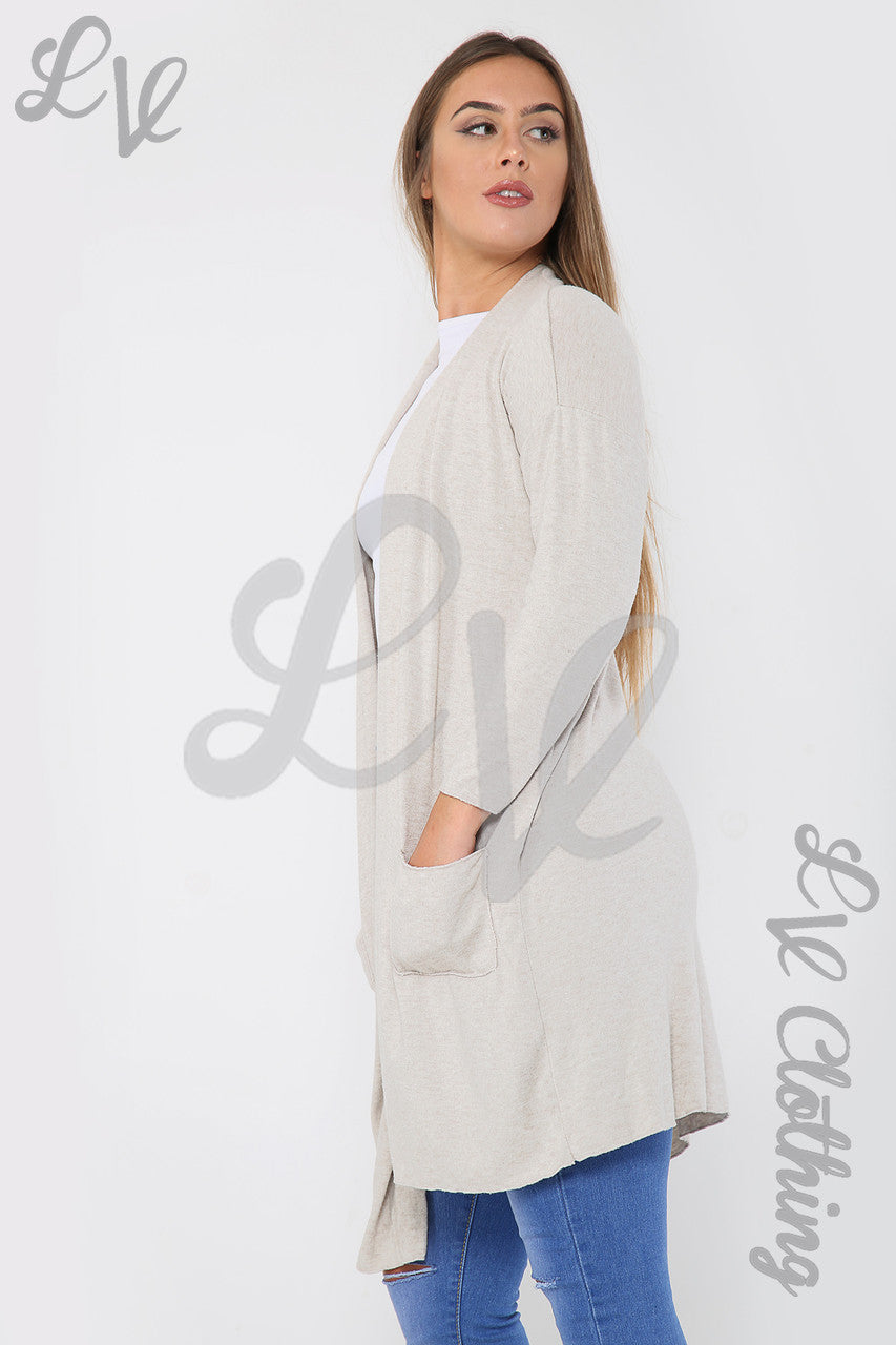 Ladies Plain Fine Knit Cardigan Stone - Unit Price £13.99