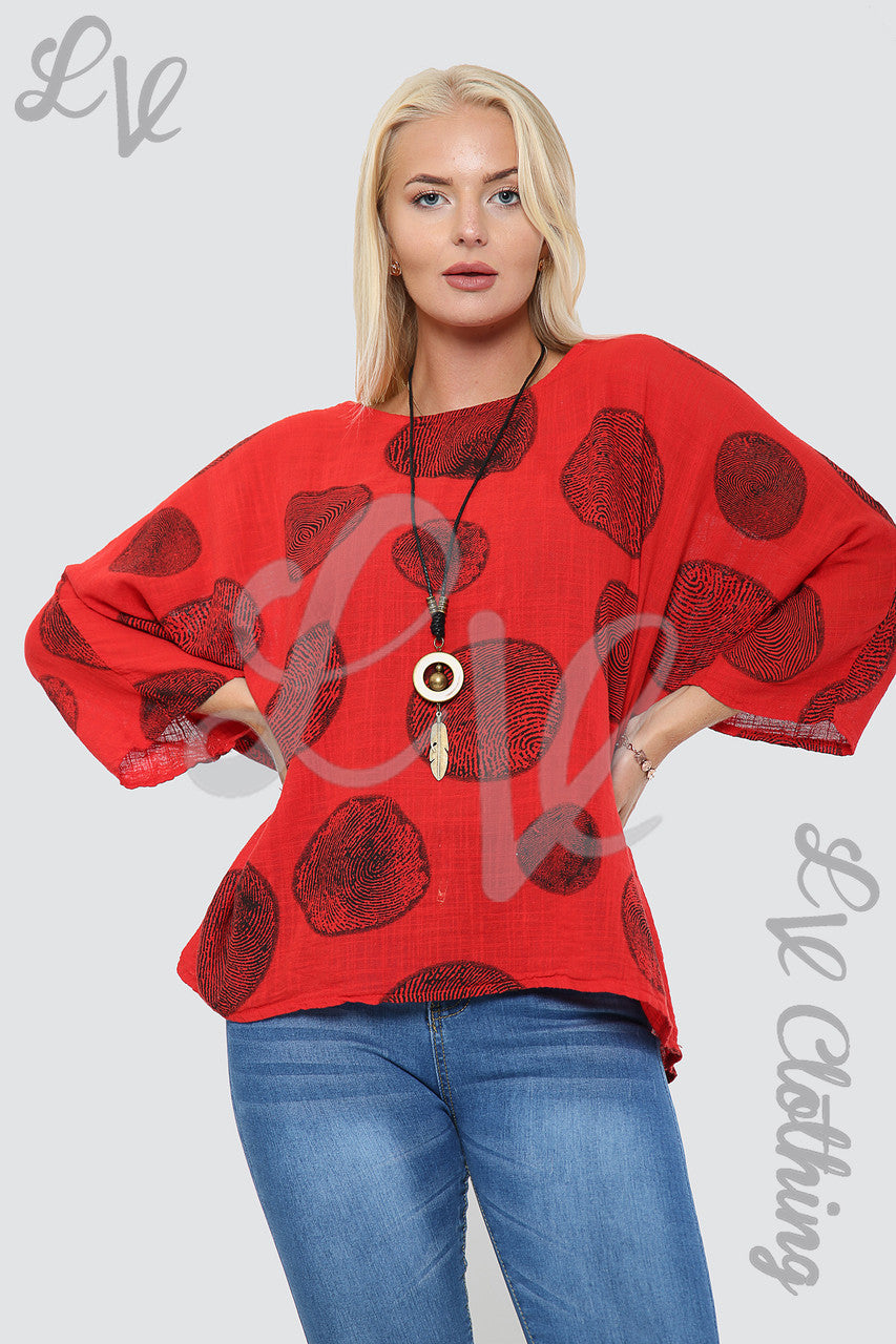 Ladies Tree Root Print Top With Necklace Red - Unit Price £9.99