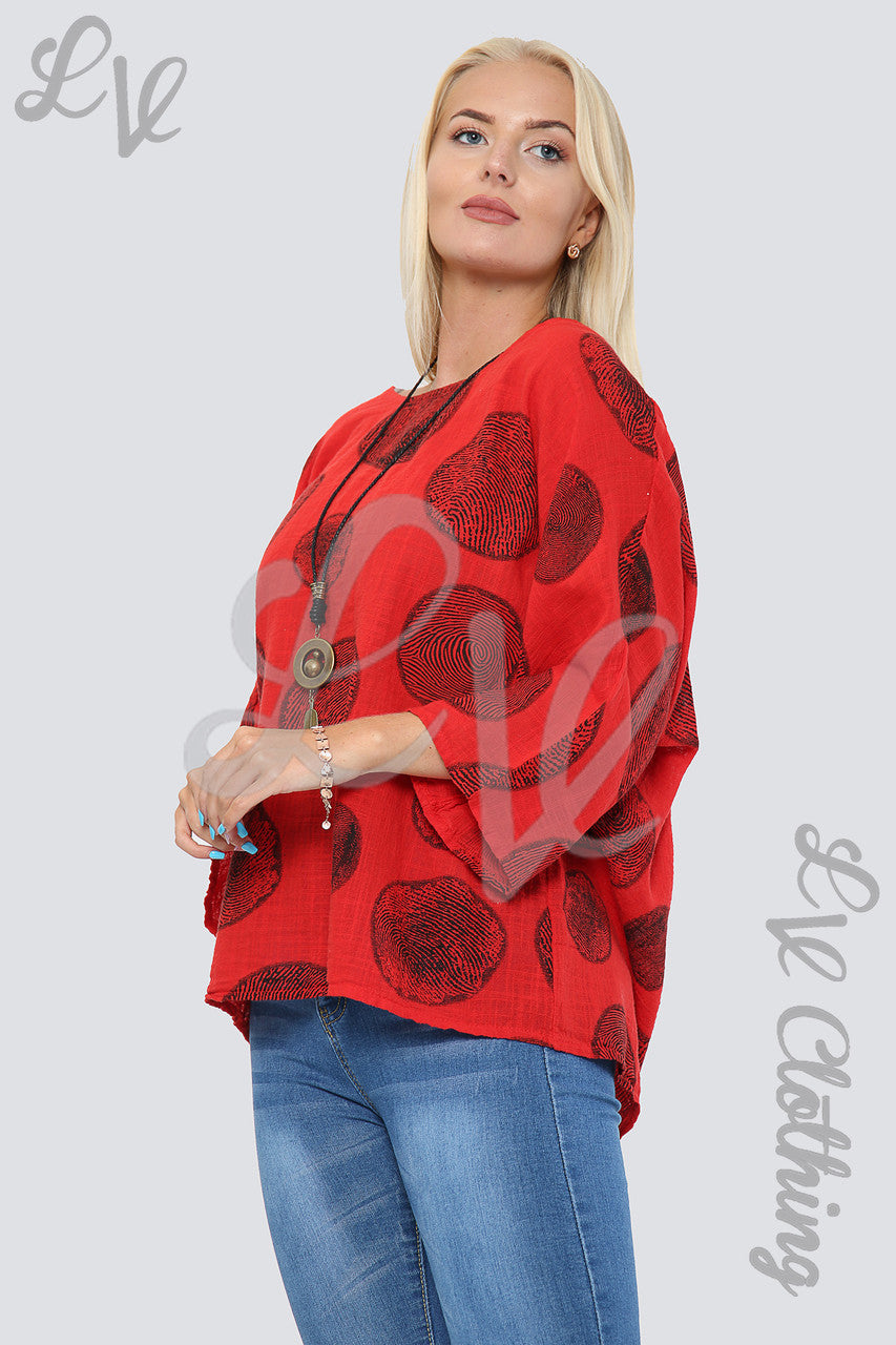 Ladies Tree Root Print Top With Necklace Red - Unit Price £9.99