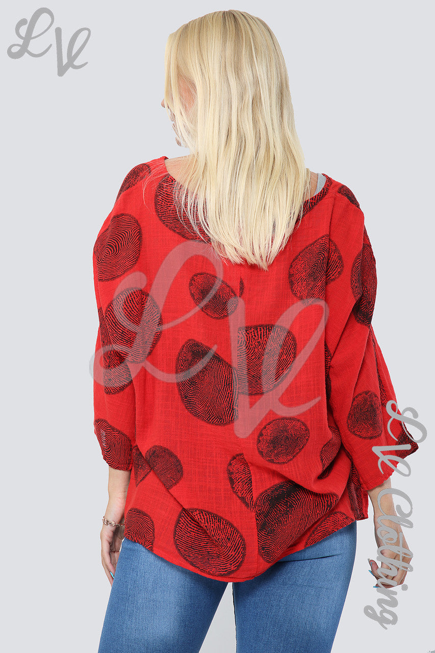 Ladies Tree Root Print Top With Necklace Red - Unit Price £9.99
