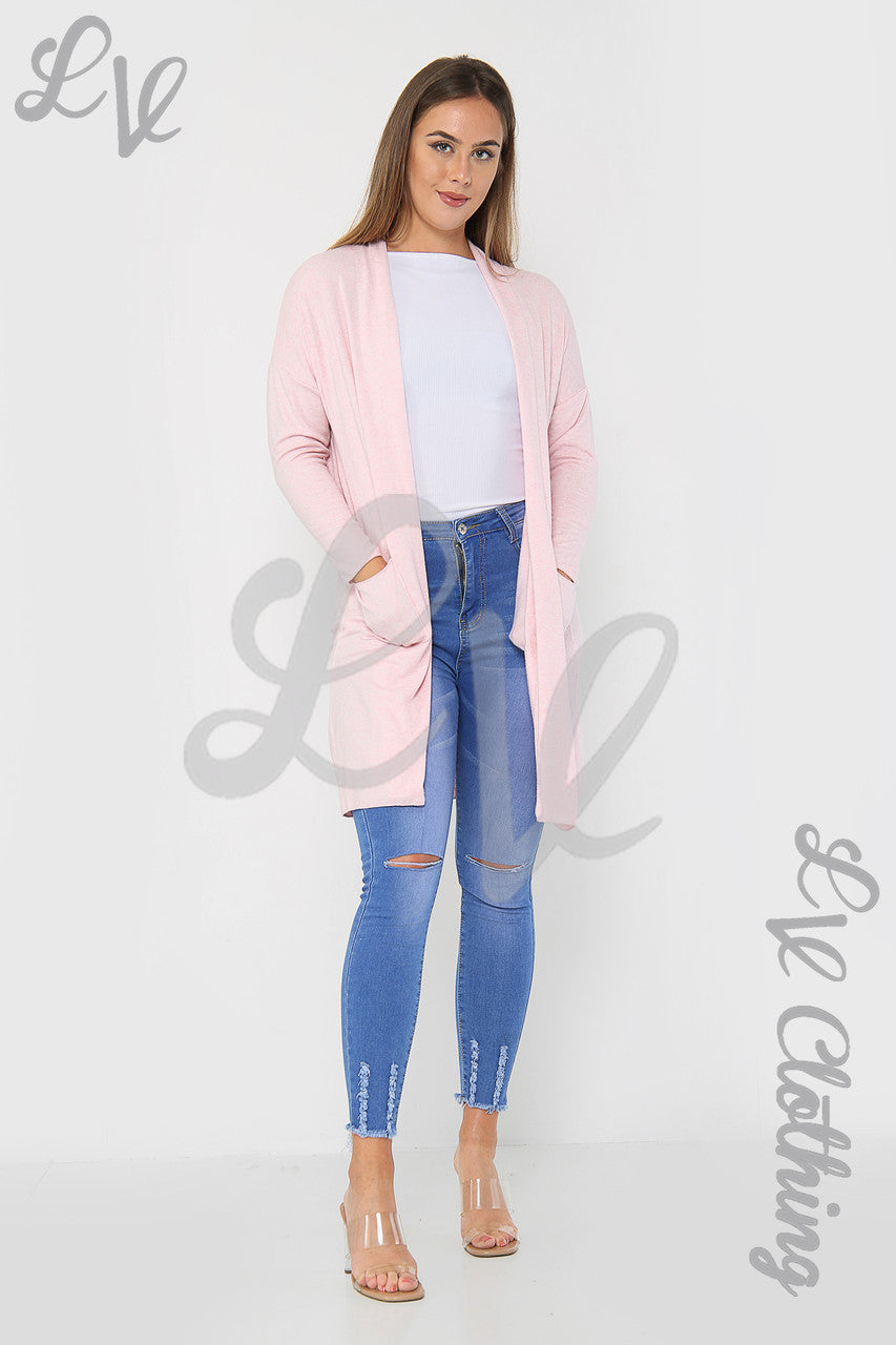 Ladies Plain Fine Knit Cardigan Dusty Pink - Unit Price £13.99