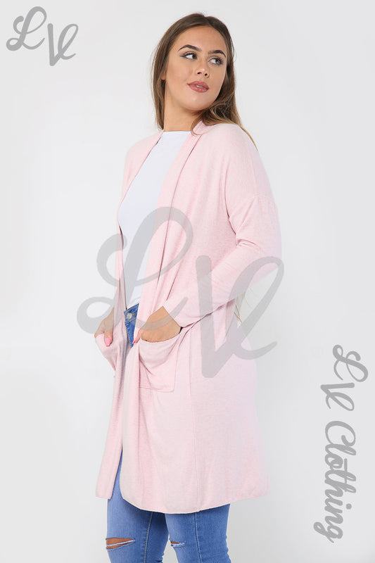Dusty pink fine knit cardigan with open front and long sleeves, side slits