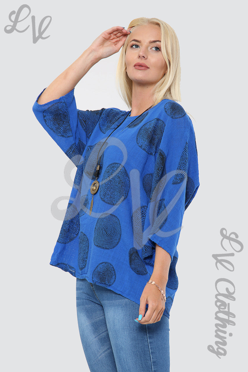 Ladies Tree Root Print Top With Necklace Royal Blue - Unit Price £9.99
