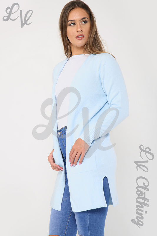 Light blue knitted long cardigan with open front and long sleeves