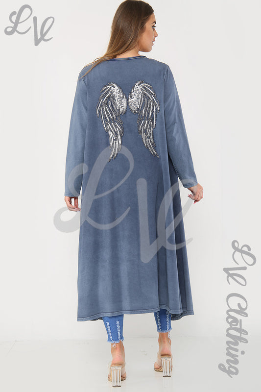 Navy long maxi jacket with silver angel wings on back