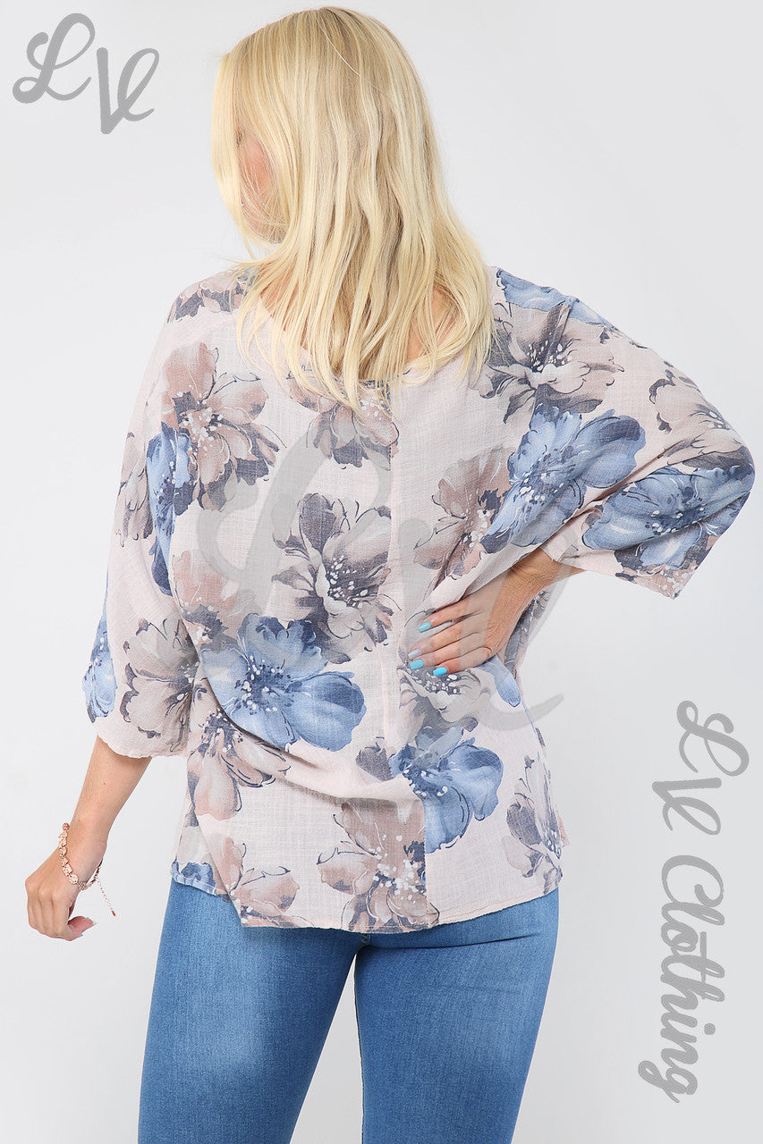 Ladies Flower Print Top With Necklace Dusty Pink - Unit Price £9.99