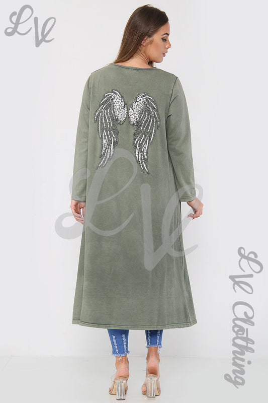 Long maxi back jacket in olive green with silver angel wings graphic
