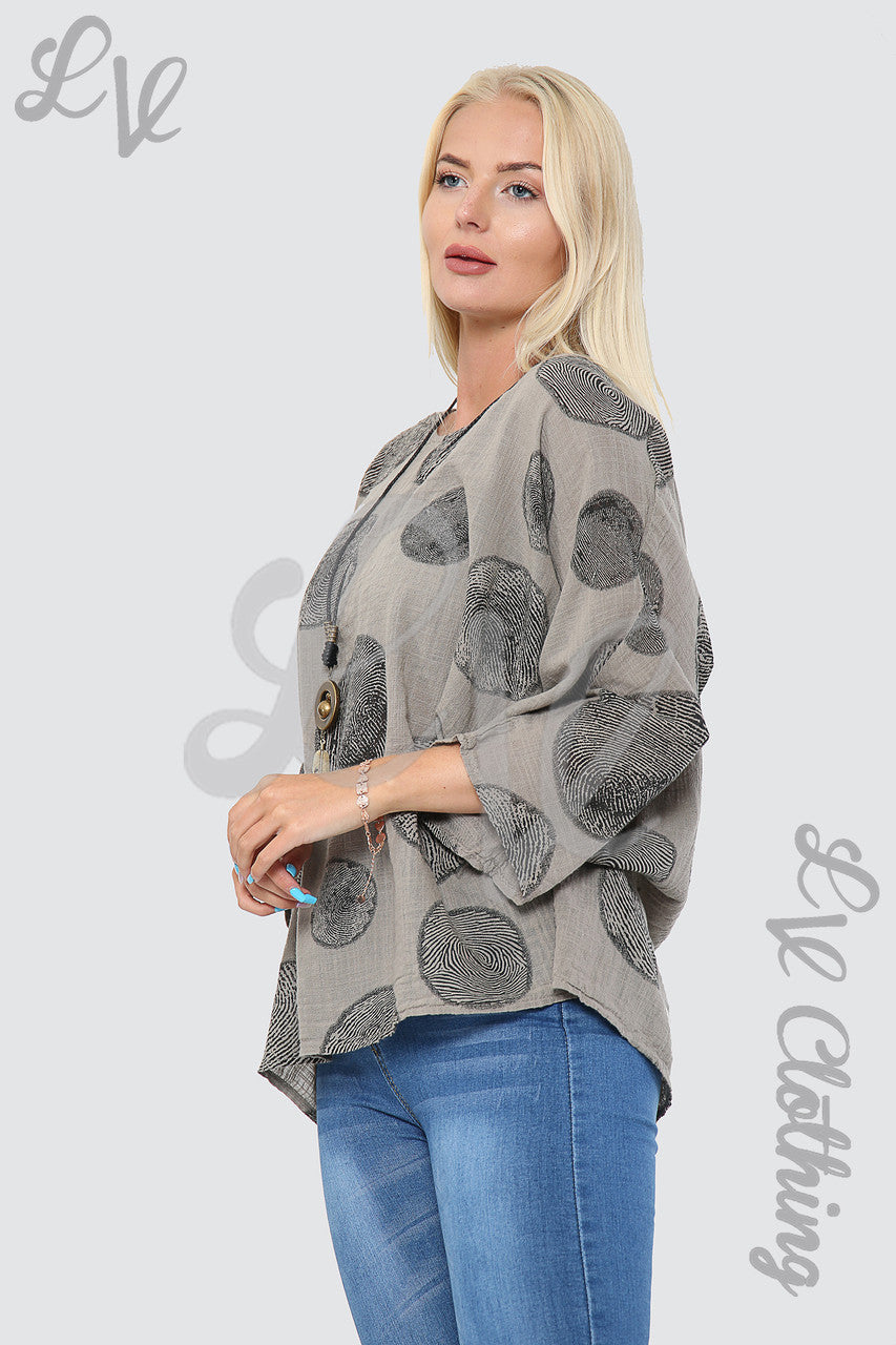 Ladies Tree Root Print Top With Necklace Taupe