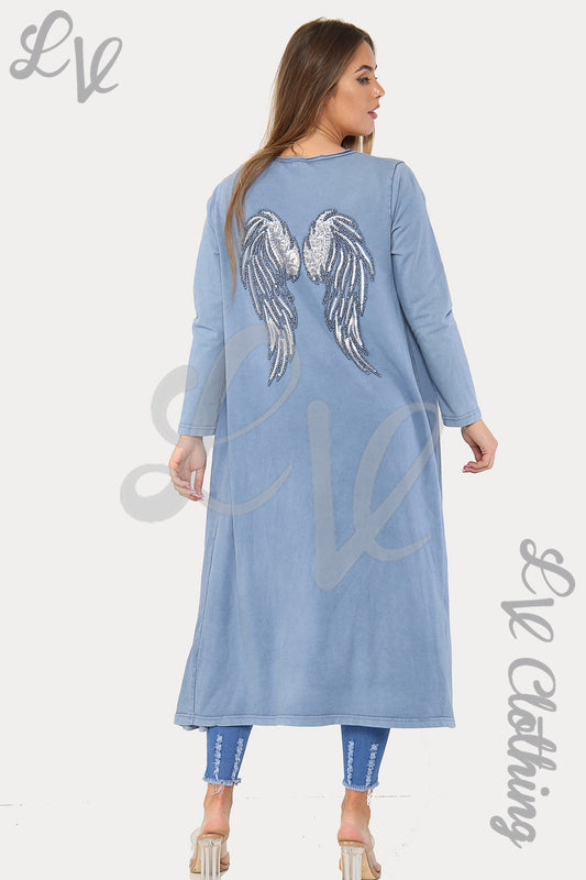 Light blue long denim maxi jacket with open front and angel wings print on back