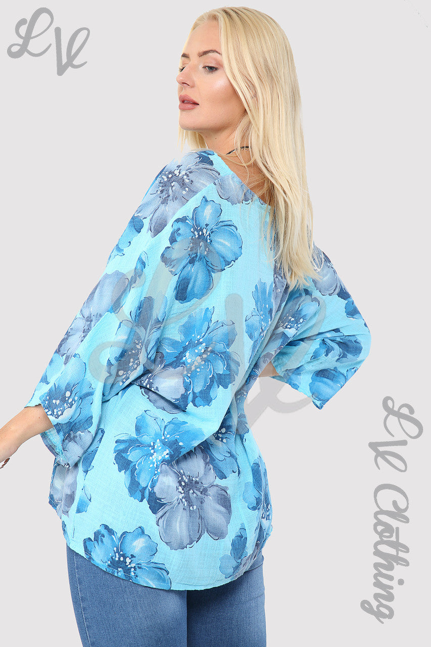 Ladies Flower Print Top With Necklace Turquoise - Unit Price £9.99