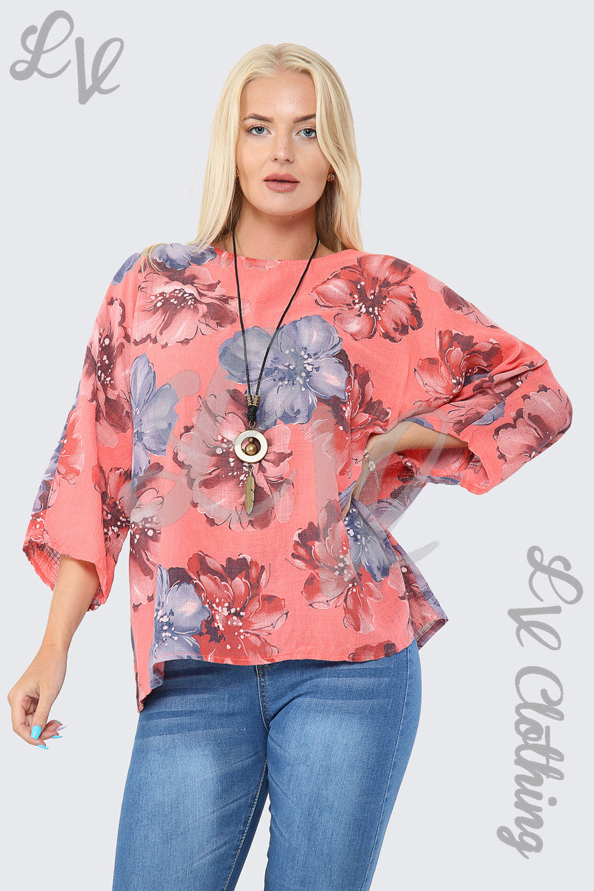 Ladies Flower Print Top With Necklace Coral - Unit Price £9.99