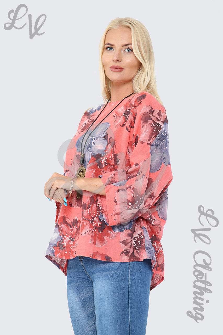 Ladies Flower Print Top With Necklace Coral - Unit Price £9.99