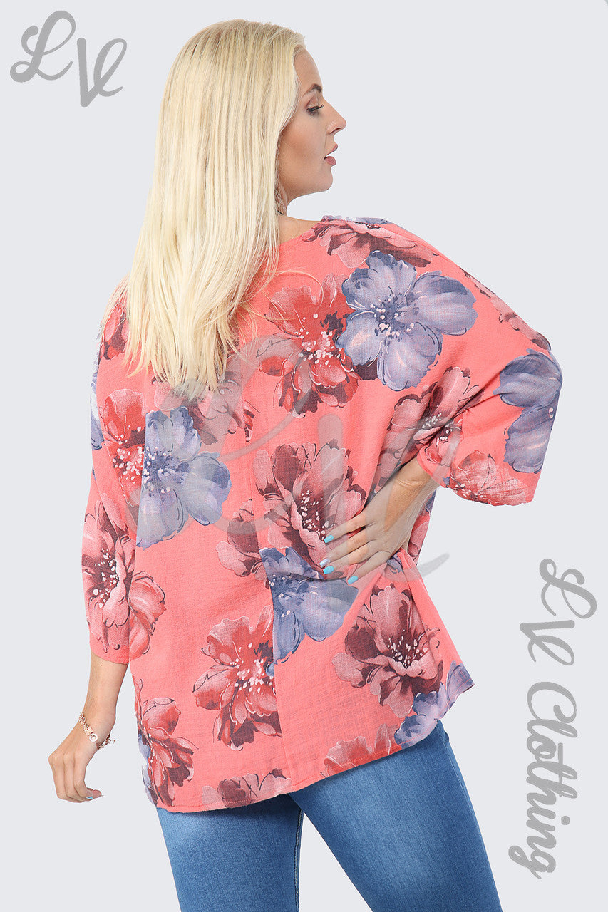 Ladies Flower Print Top With Necklace Coral - Unit Price £9.99