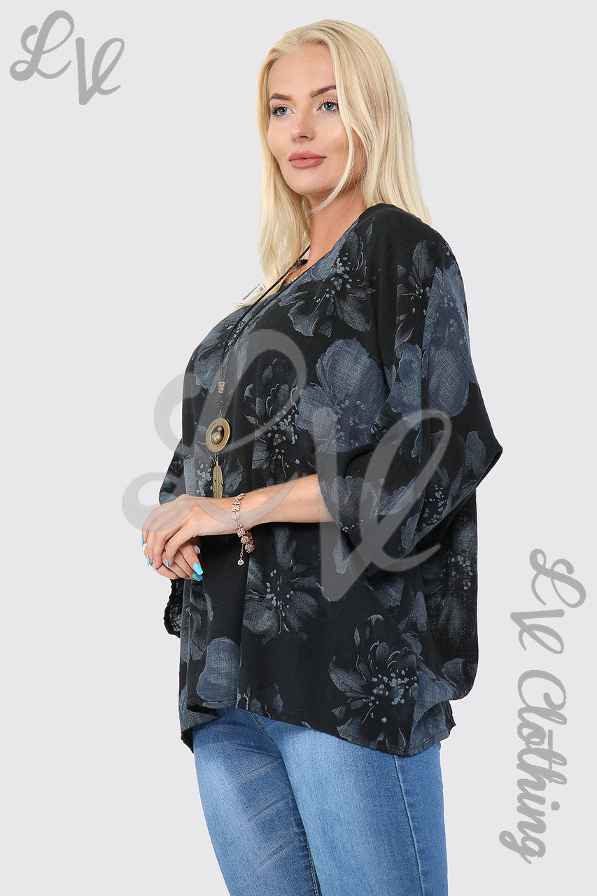 Ladies Flower Print Top With Necklace Black - Unit Price £9.99