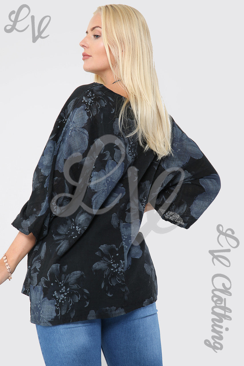 Ladies Flower Print Top With Necklace Black - Unit Price £9.99