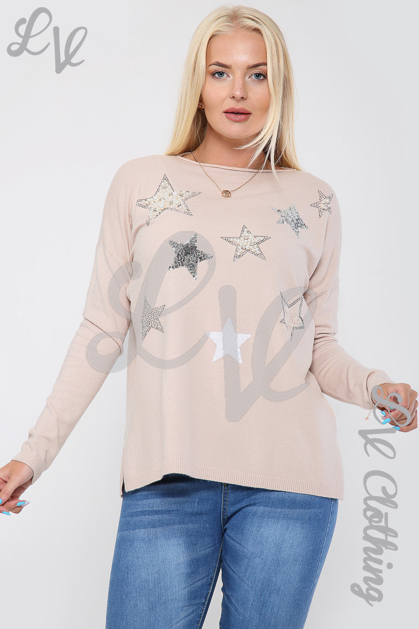 Ladies Diamante Sequin Star Print Jumper Dusty Pink - Unit Price £16.99