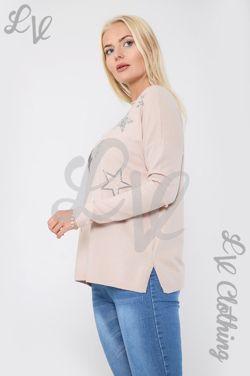 Ladies Diamante Sequin Star Print Jumper Dusty Pink - Unit Price £16.99