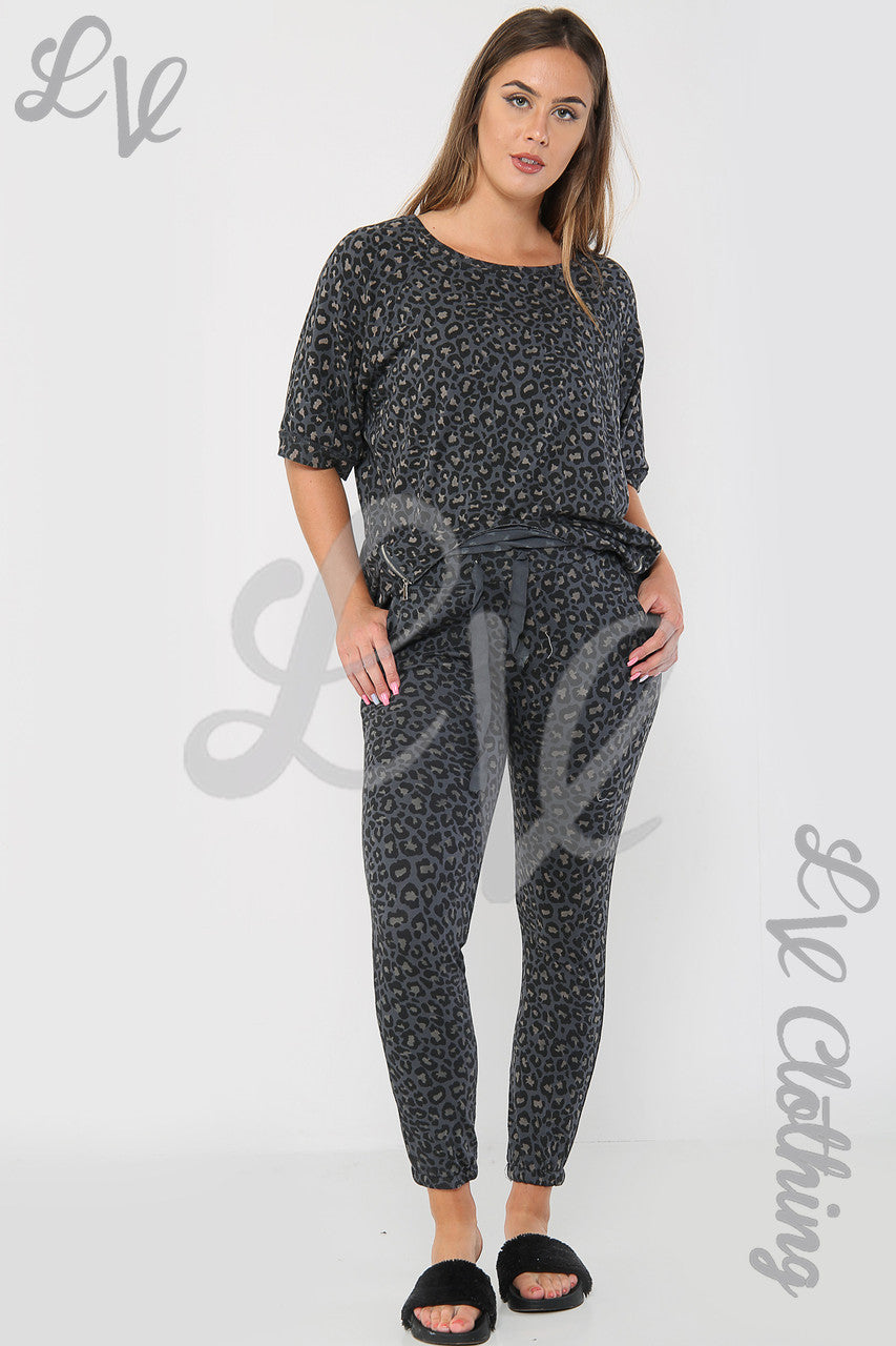 Ladies Animal Leopard Print Sweatshirt Top Charcoal - Unit Price £11.99