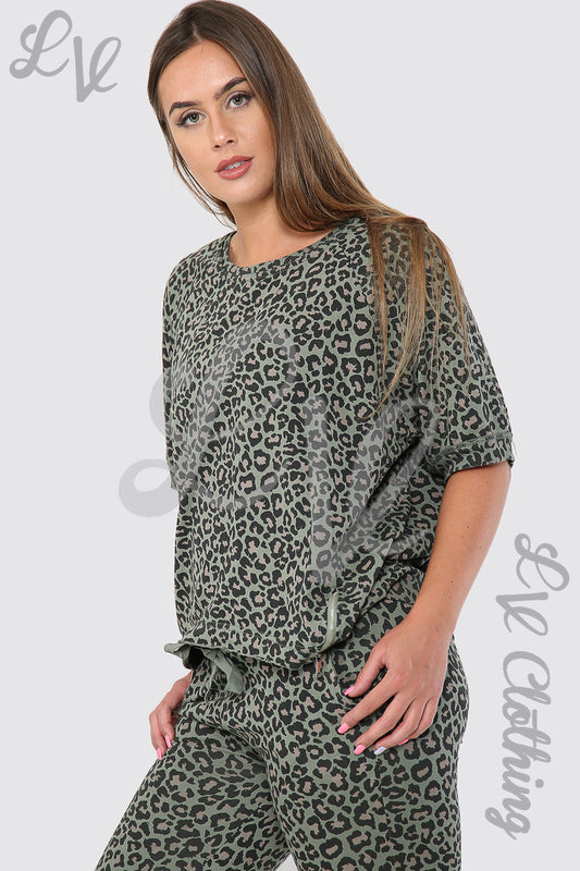 Khaki leopard print sweatshirt top with matching joggers, short sleeves, front view