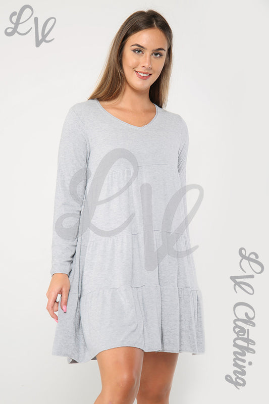 Grey swing dress for women, long sleeves and round neckline, tiered skirt