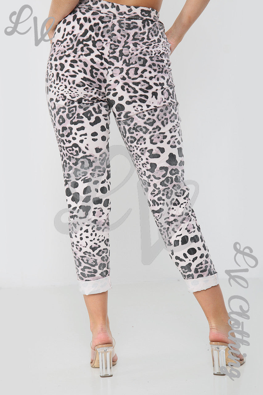 Ladies Leopard Print Magic Trousers Dusty Pink - Unit Price £9.99