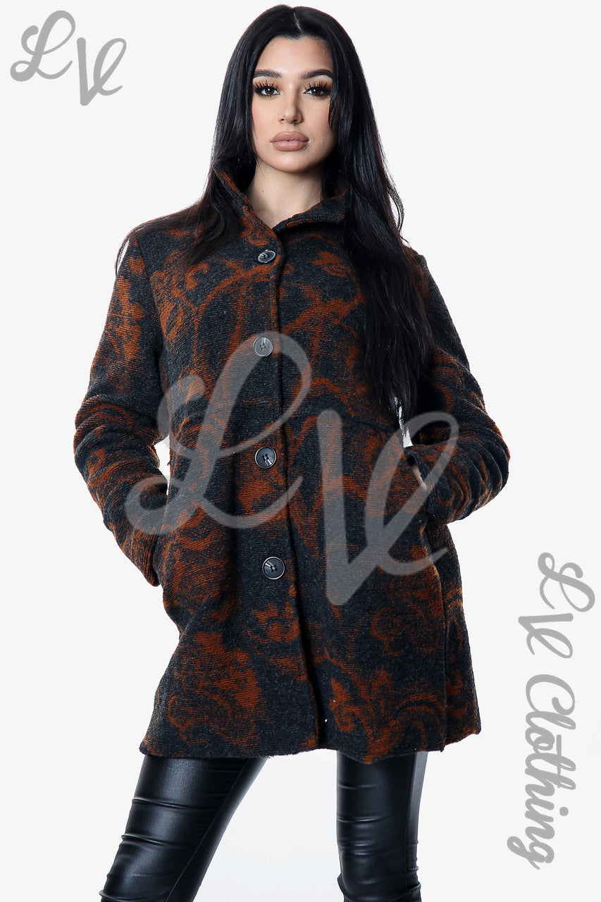 Dames Gekookt Wollen Jas met Wandtapijtprint Houtskool Stukprijs € 20,99