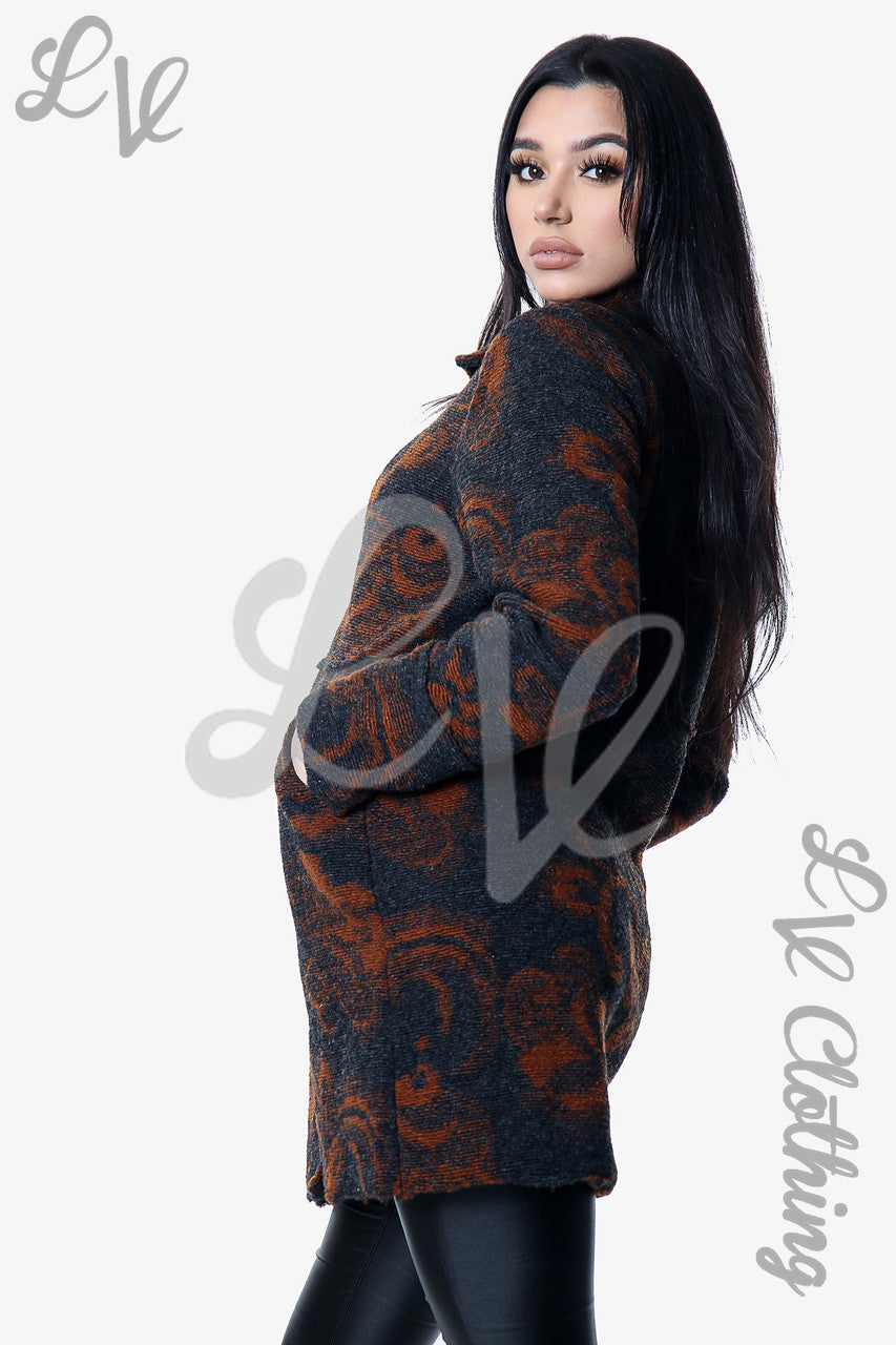 Dames Gekookt Wollen Jas met Wandtapijtprint Houtskool Stukprijs € 20,99