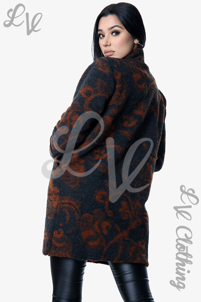 Dames Gekookt Wollen Jas met Wandtapijtprint Houtskool Stukprijs € 20,99