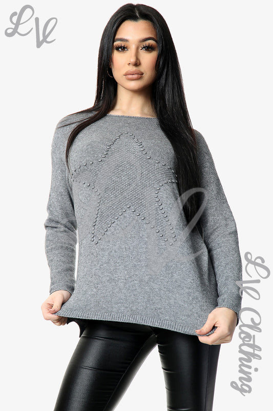 Ladies Star Imprint Jumper Top Grey - Unit Price £12.99