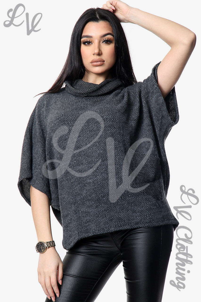 Ladies Knitted Cowl Neck Cropped Jumper Charcoal Unit Price £10.99