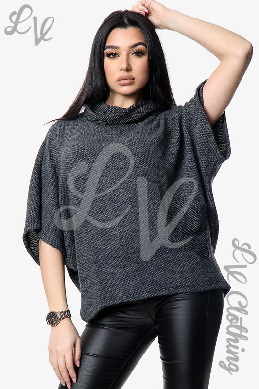 Charcoal knitted cowl-neck cropped jumper, short batwing sleeves, relaxed fit