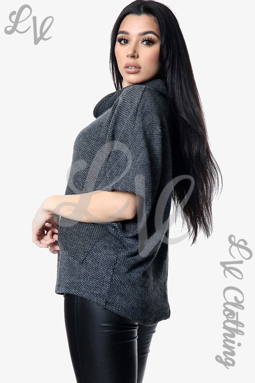 Ladies Knitted Cowl Neck Cropped Jumper Charcoal Unit Price £10.99