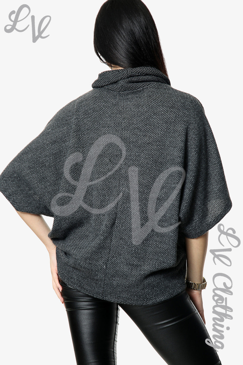 Ladies Knitted Cowl Neck Cropped Jumper Charcoal Unit Price £10.99