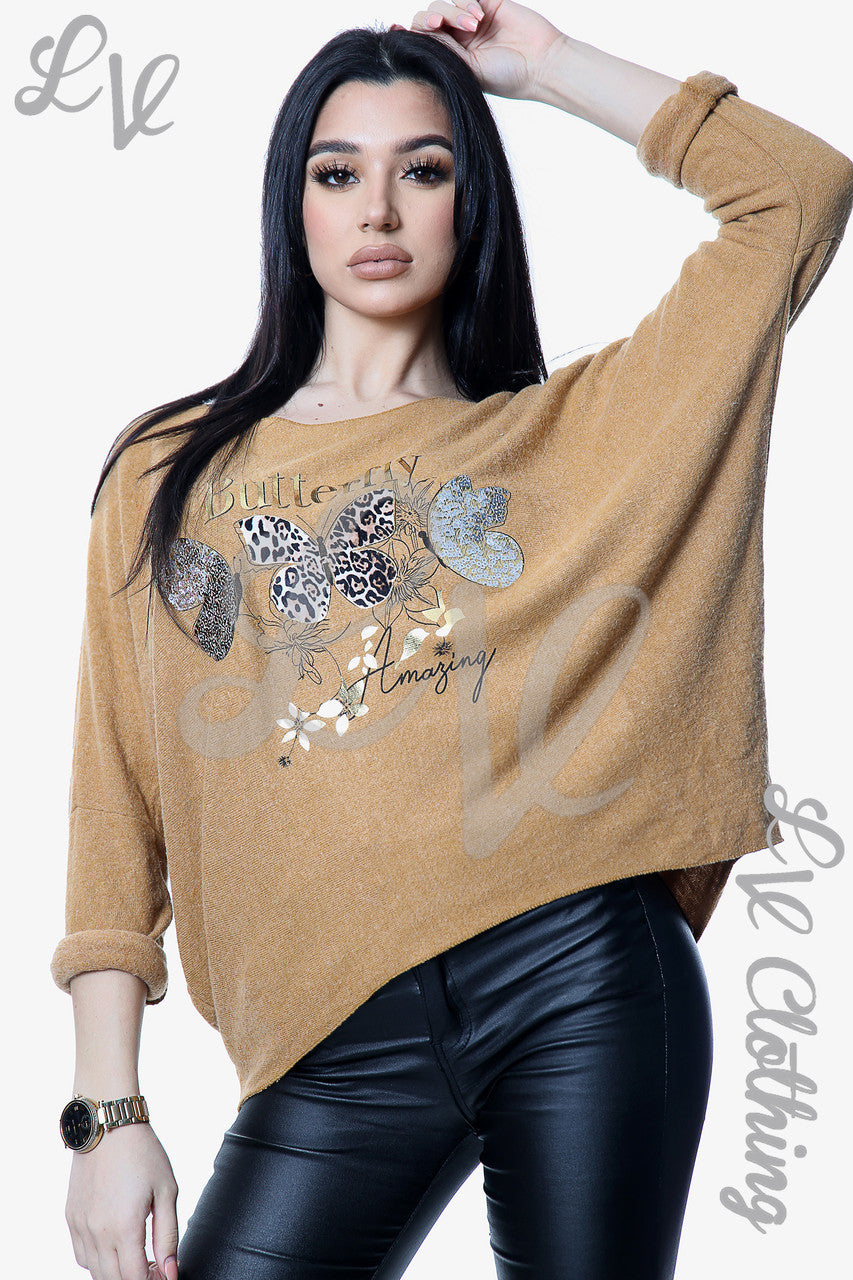Dames Gebreide Trui met Vlinderprint Mosterd Prijs per stuk € 13,99