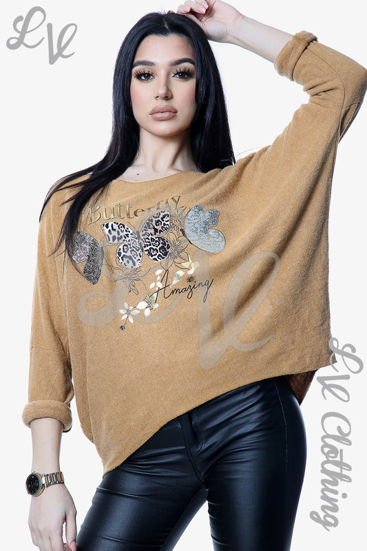 Ladies Knitted Butterfly Print Jumper Mustard Unit Price £13.99