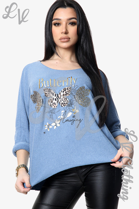 Ladies Knitted Butterfly Print Jumper Denim Unit Price £11.99