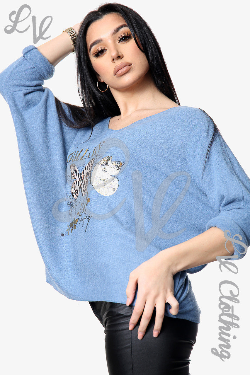 Dames Gebreide Vlinderprint Trui Denim Stukprijs € 11,99