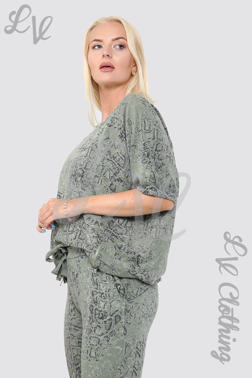 Ladies Snake Print Lounge Sweatshirt Khaki - Unit Price £12.99