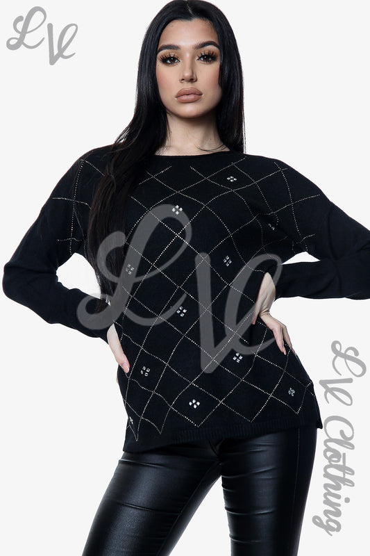 Ladies Sequin Diamond Detail Jumper Black - Unit Price £20.99
