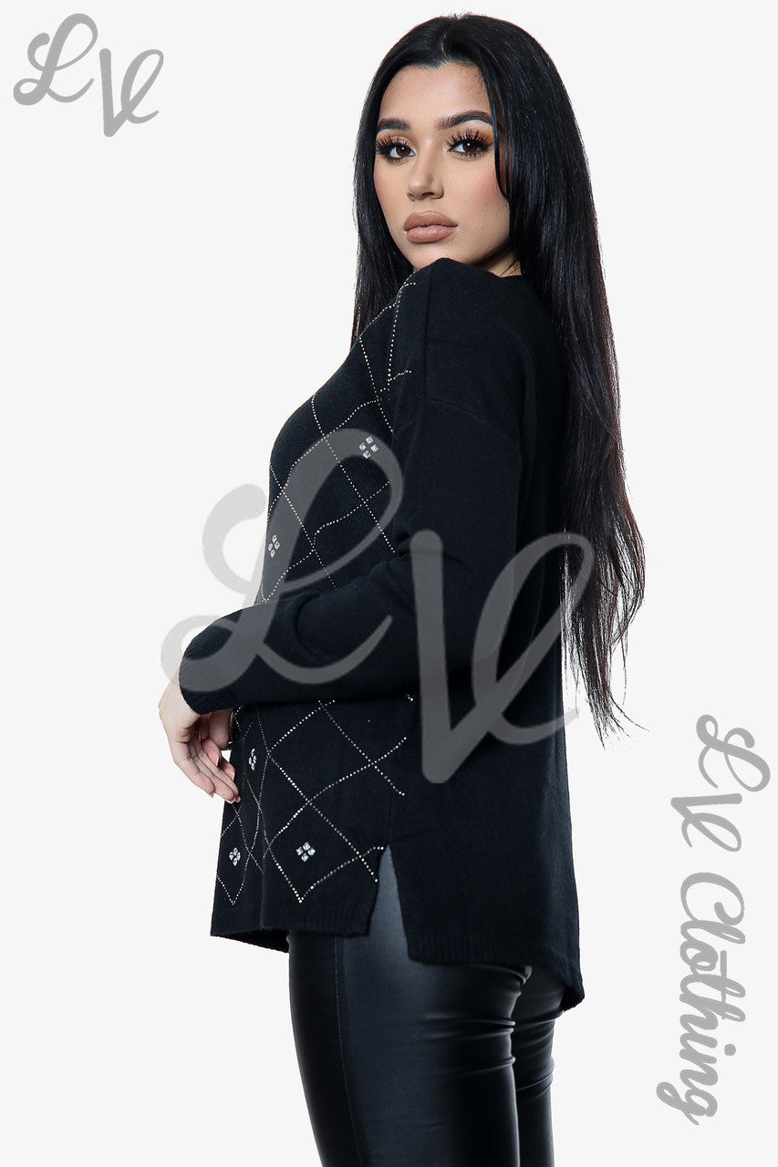 Dames trui met pailletten en diamantdetail zwart - Prijs per stuk €20,99