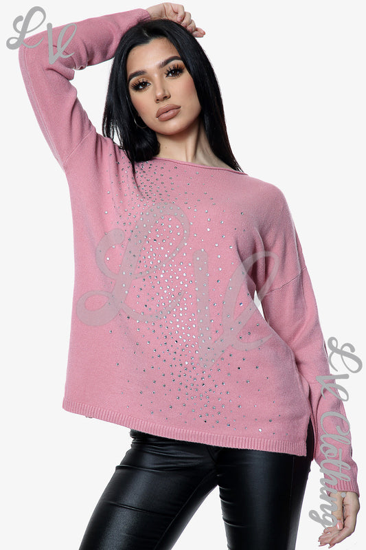 Ladies Sequin Diamante Detail Jumper Dusty Pink - Unit Price £20.99
