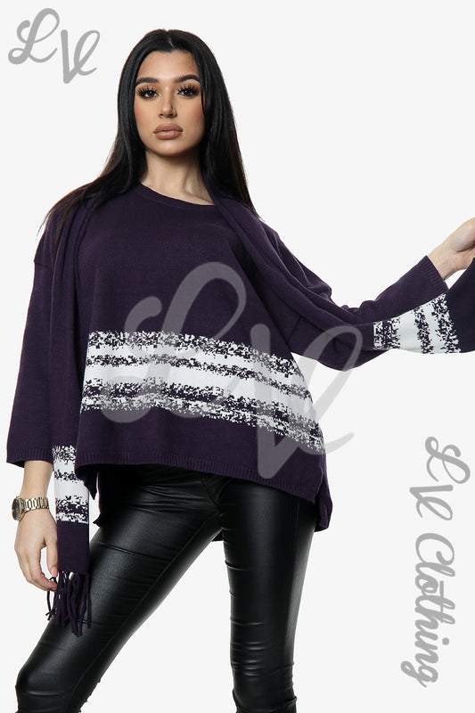 Ladies Knitted Jumper With Scarf Purple - Unit Price £10.99