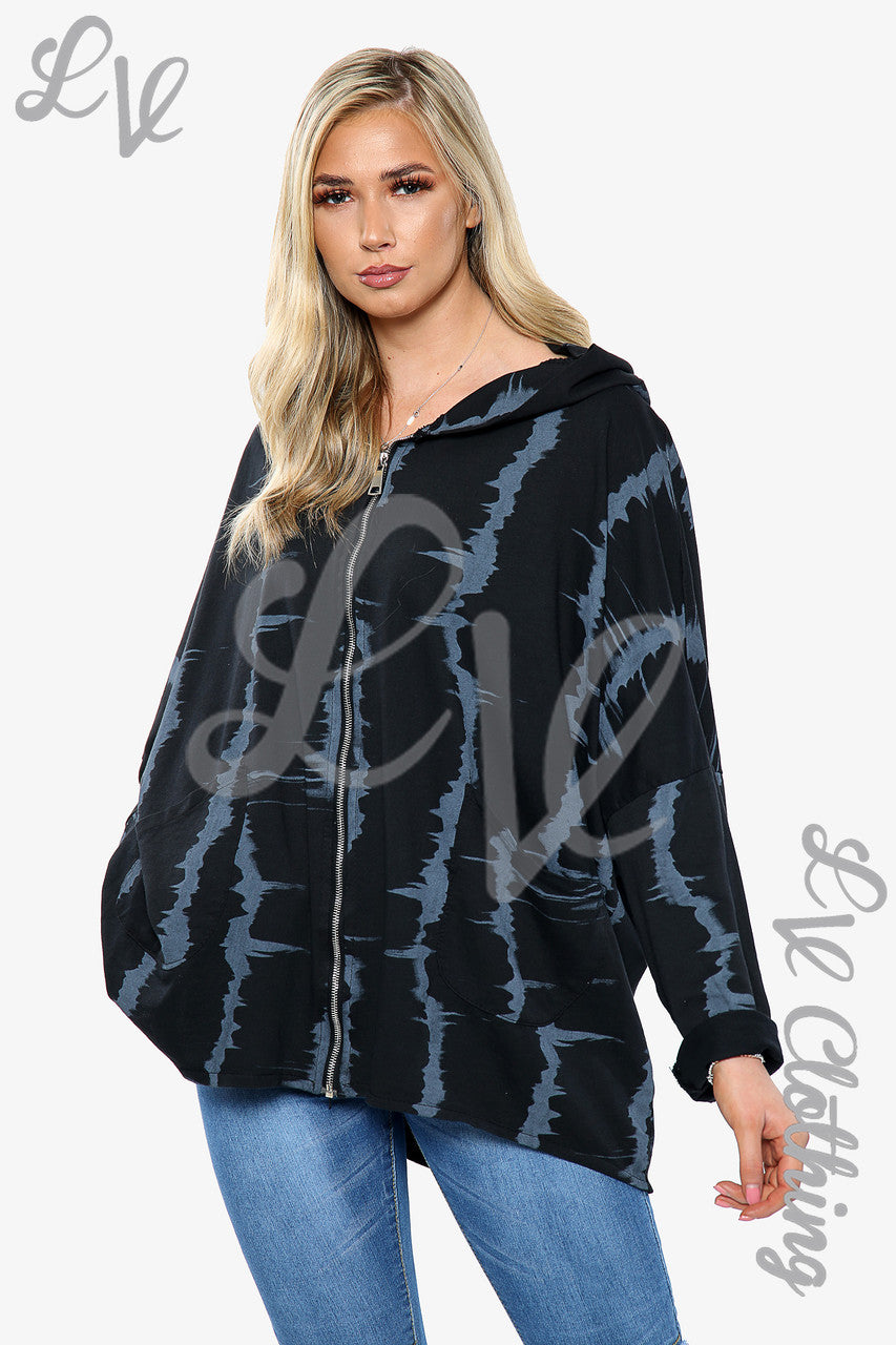Ladies Tie Dye Print Zip up Hoodie Sweatshirt Black Unit Price £15.99