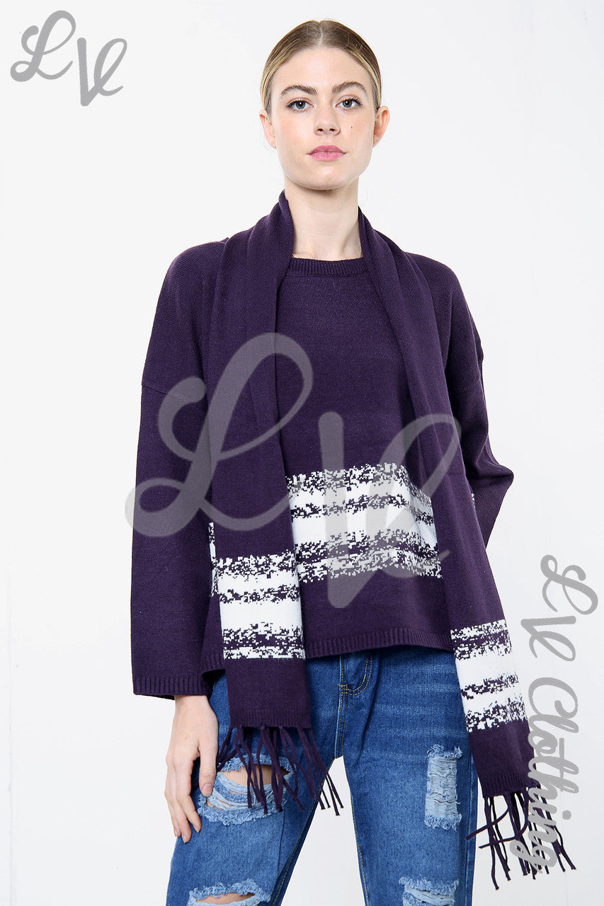 Dames gebreide trui met sjaal paars - Stukprijs £10,99